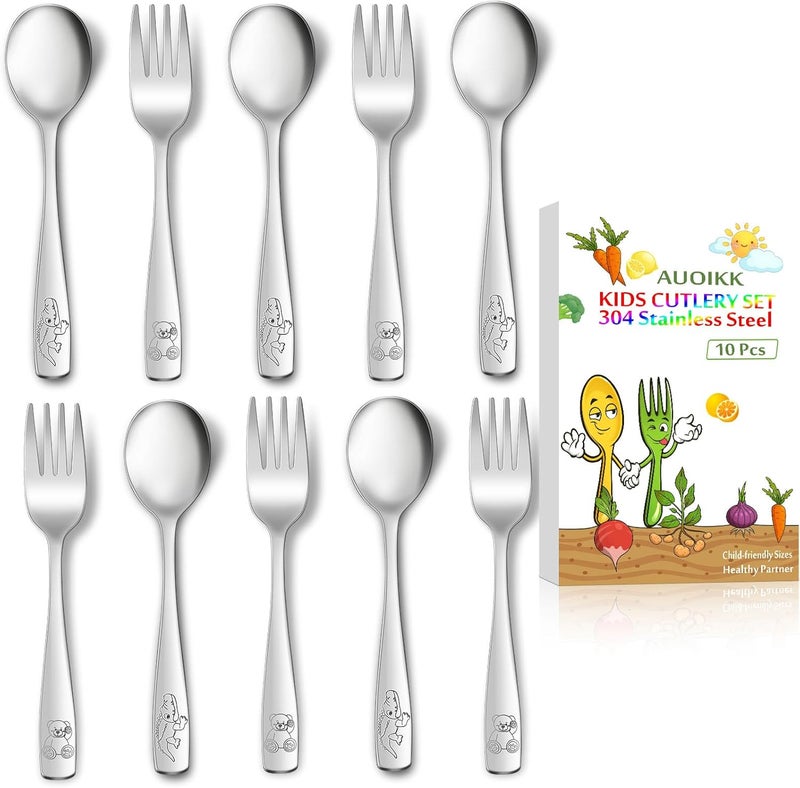 AUOIKK 10-Piece Toddler Flatware, Kids Utensils Stainless Steel Cutlery Set, Children Safe Spoons and Forks with Ergonomic Handle, Easy to use and Dishwasher Safe (Crocodile and Bear) - Image 1